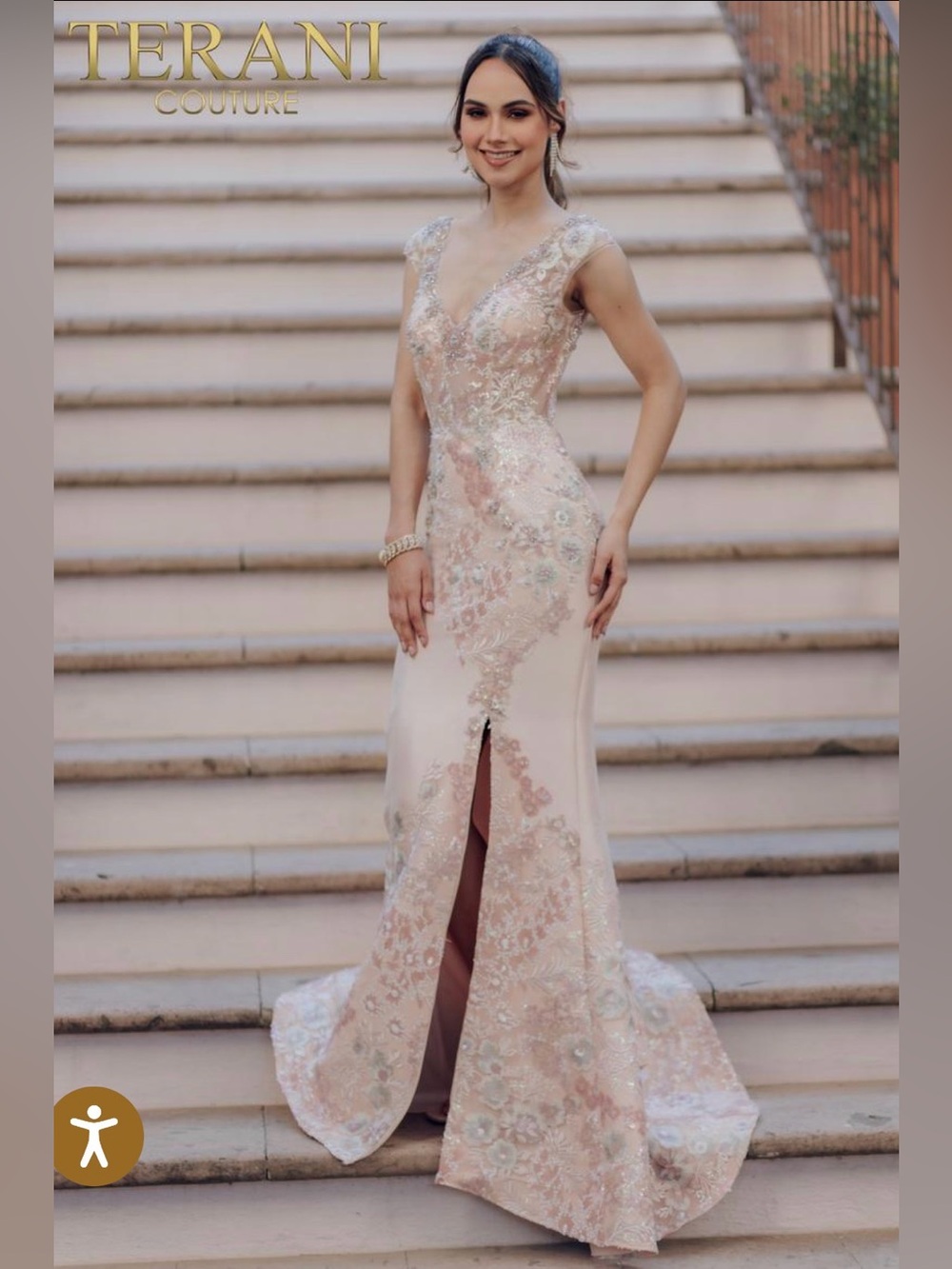 Terani Couture Blush & Silver Embellished V‑Neck Evening Gown | mother of bride